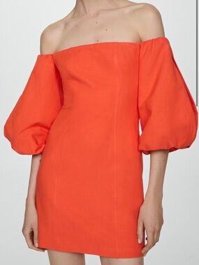 Mango Off-Shoulder Puff-Sleeve Mini Dress in Bright Orange